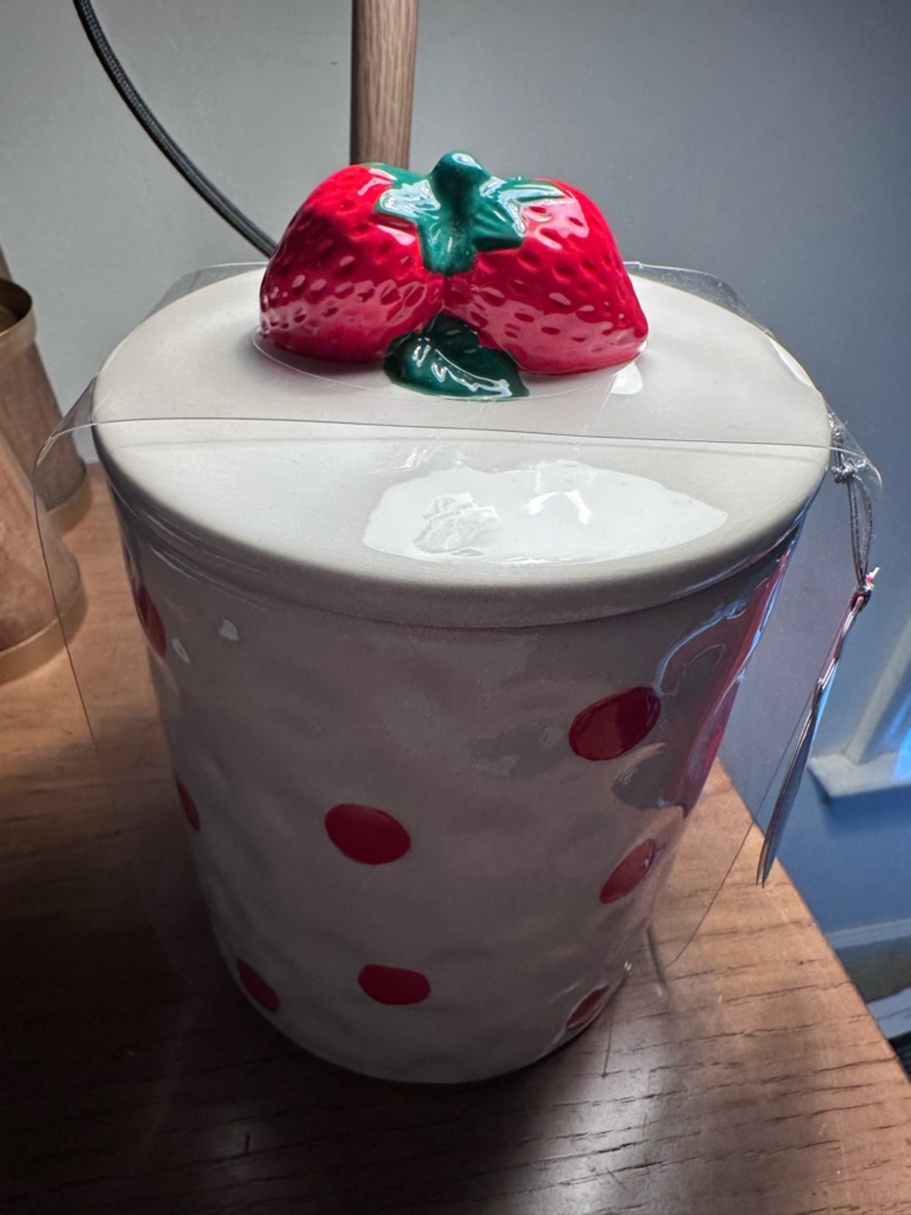 Jason Scott polkadot strawberry cookie jar NEW 8 inches high without strawberrie